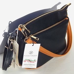 DIVINA FIRENZE ITALY LILLA Black GENUINE Leather Bag Crossbody Shouldr Purse NEW